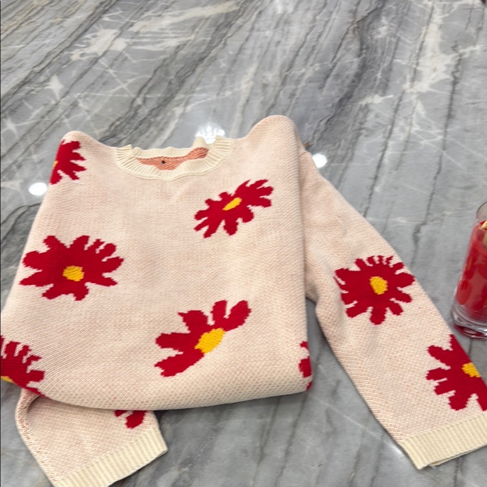 Floral Patterned Sweater - Red and Creams coastal vibes